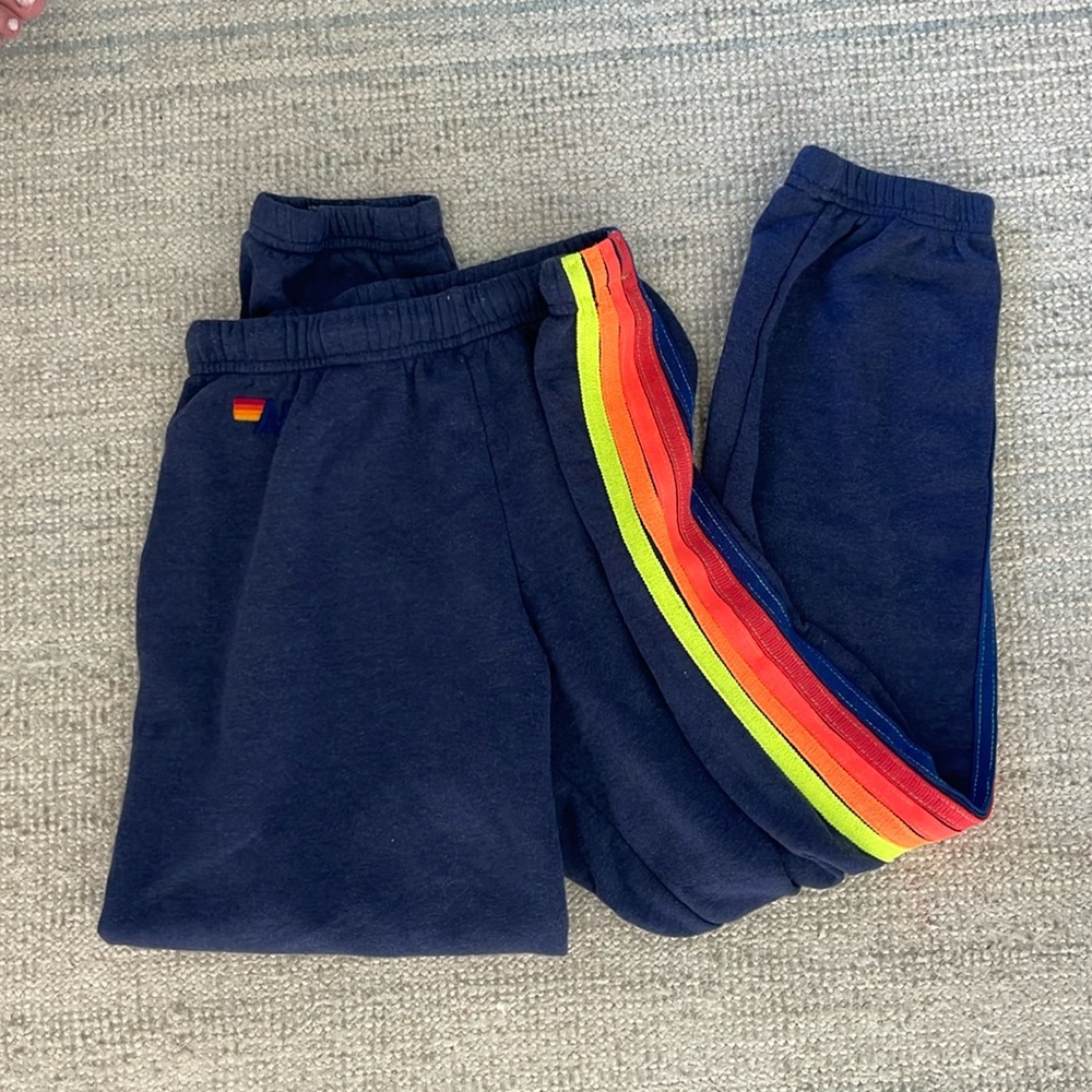 Aviator Nation Navy Sweatpants with Rainbow Stripe